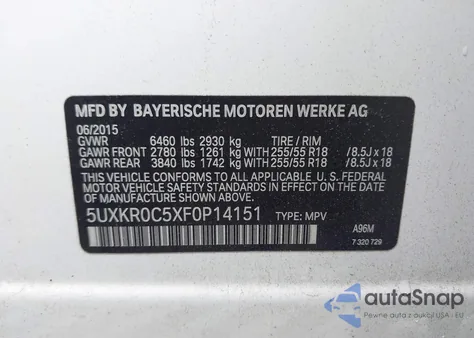 2015 BMW X5 xDrive35I z USA, uszkodzony, nr VIN 5UXKR0C5XF0P14151